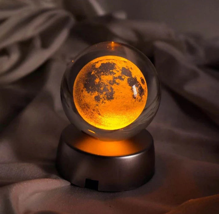 3D Crystal Ball Night Light with LED Wooden Base - Moon Planet Galaxy Design | Decorative Glass Sphere Lamp for Home Décor & Gifts