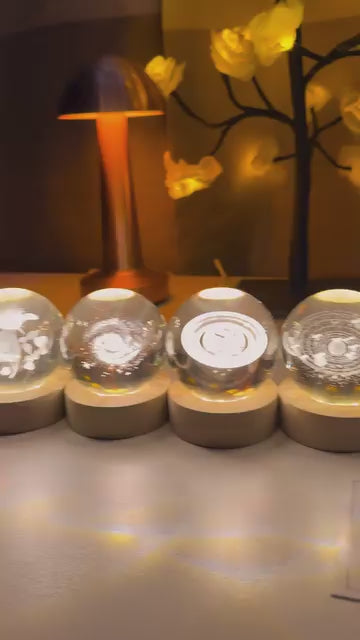 3D Crystal Ball Night Light with LED Wooden Base - Moon Planet Galaxy Design | Decorative Glass Sphere Lamp for Home Décor & Gifts